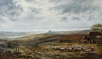 羊飼い Painting - Weite Landschaft mit Schafsherde unter bewolktem Himmel Enrico Coleman 羊飼い